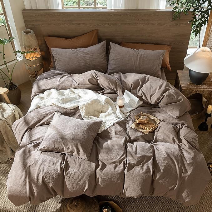 MooMee Wavy Striped Duvet Cover Set 100% Washed Cotton Linen Like Textured Breathable Durable Soft Comfy (Brown, Cal King 104"x98")