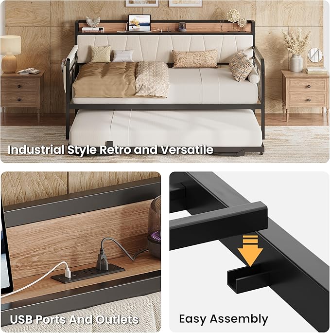 LIKIMIO Twin XL Daybed, Day Bed with Trundle, Storage Upholstered Headboard and Charging Station, Trundle Bed with Strong Supports for Living Room, Bedroom, and Guest Room, Beige