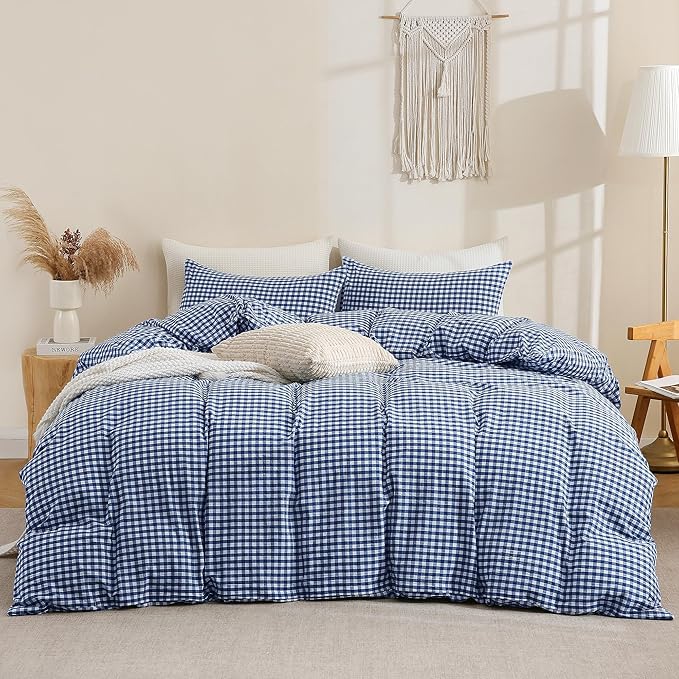 TOCOMOA Navy Blue Gingham Duvet Cover Bedding Set 100% Washed Cotton Like Linen Feel Super Soft Comfy 3 Piece Dark Blue Plaid Checkered Comforter Cover Set (King 104"x90", Comforter Not Included)