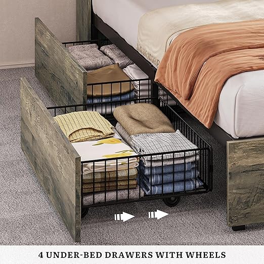 DWVO Farmhouse King Size Bed Frame with Storage Bookcase Headboard, Sliding Barn Door, 4 Storage Drawers, RGB LED Bed Frame with USB Charging Station, No Box Spring Needed, Cement Grey