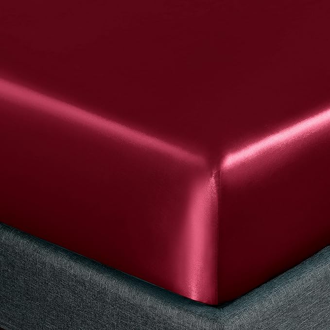 Homiest 4pcs Satin Sheets Set Luxury Silky Satin Bedding Set with Deep Pocket, 1 Fitted Sheet + 1 Flat Sheet + 2 Pillowcases (Queen Size, Burgundy)