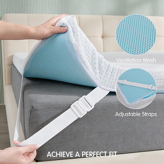 Subrtex 3 Inch Mattress Topper Cover (Only Cover) Mattress Topper Protector Bedding Rayon Made from Bamboo Removable Mattress Encasement with Zippers, Queen