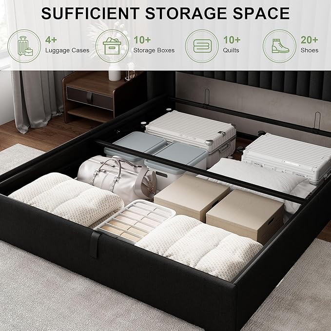 Feonase Full Size Lift Up Storage Bed Frame, Linen Upholstered Platform Bed with Wingback Headboard, Hydraulic Storage, No Box Spring Needed, Black