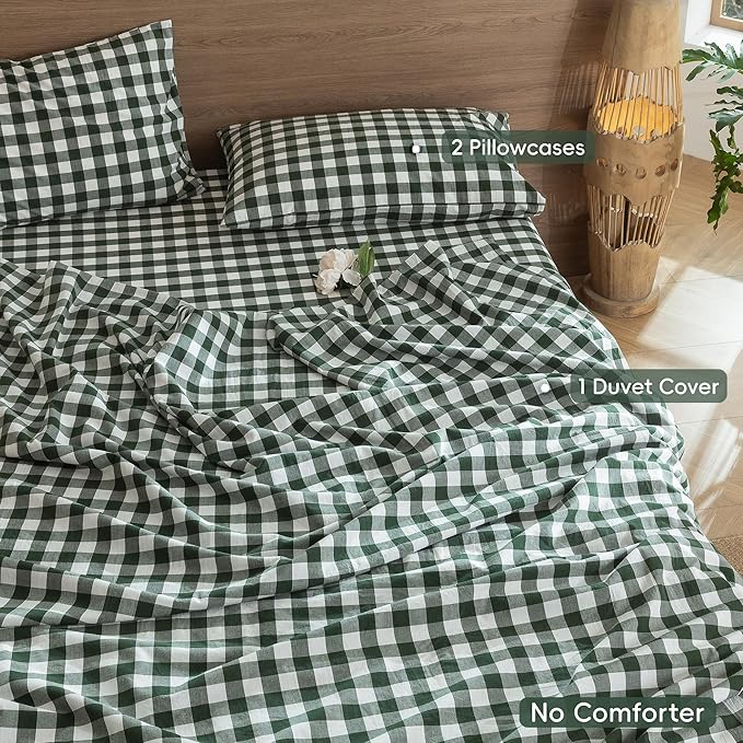 MooMee Gingham Duvet Cover Set 100% Washed Cotton Linen Like Textured Breathable Durable Soft Comfy Modern Checkered Design (Buffalo Plaid Forest Green, Palatial King/Oversized King 120"x98")