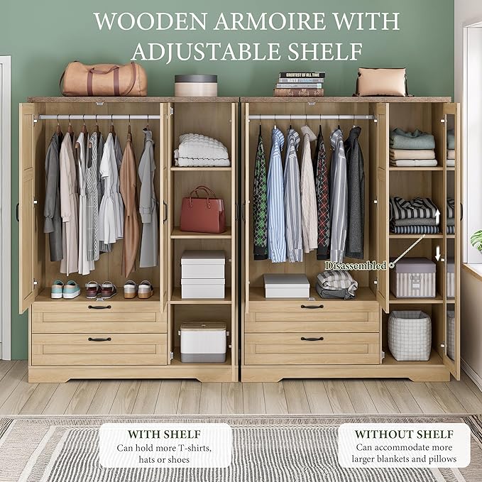 Yechen 3-Door Wooden Armoire Wardrobe Closet with Drawers and Shelves, Bedroom Armoires Closet with Mirror for Hanging Clothes, Coat, Farmhouse Wardrobe Cabinet for Large Storage Needed