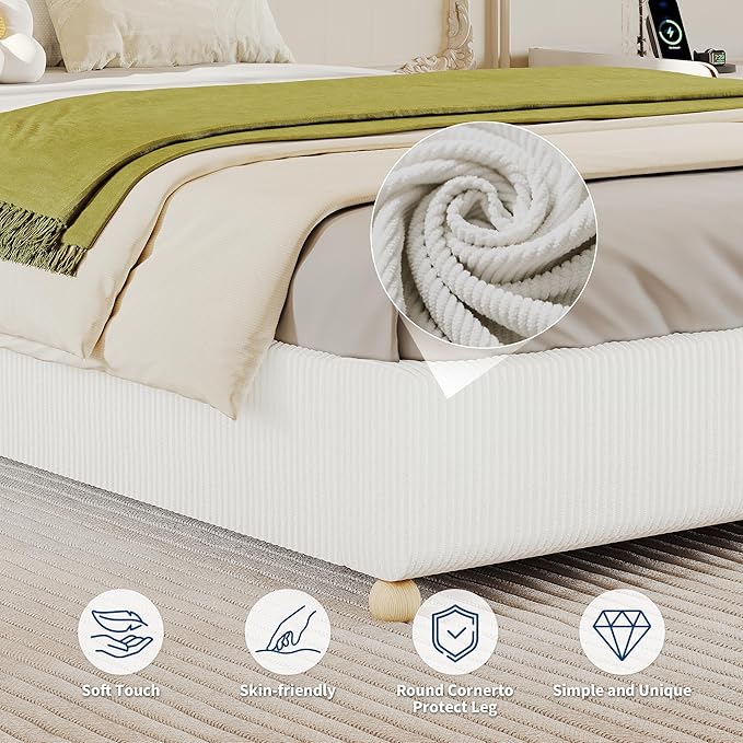 GarveeHome Twin Size Cloud Bed Frame，Corduroy Low Bed Frame Without Headboard, Thick Fabric Upholstered Platform Bed, Solid Wood Legs, No Box Spring Needed, Never Squeak, Easy Assembly, White