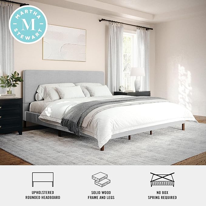 Martha Stewart Britta Platform Bed with Headboard & Footboard, Faux Linen Upholstery with Piping Detail, Rounded Headboard, No Box Spring Needed, King, Gray