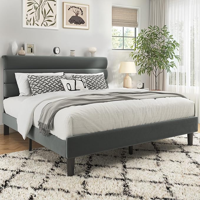 Fluest Queen Size Bed Frame, Platform Bed Frame with Velvet Upholstered Headboard, No Box Spring Needed, Sturdy Metal Support, Noise Free, Easy Assembly, Grey