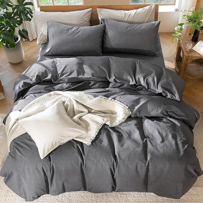 MooMee Bedding Duvet Cover Set 100% Washed Cotton Linen Like Textured Breathable Durable Soft Comfy (Heathered Dark Grey, Twin 68"x90")