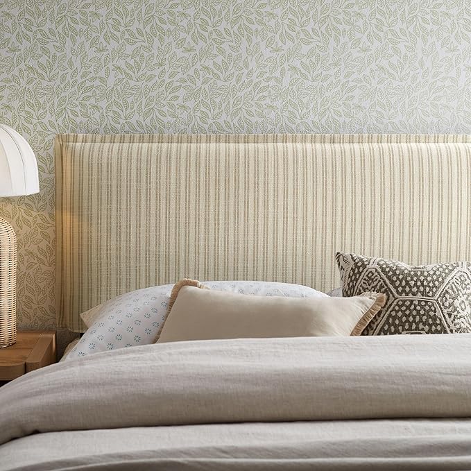 Modway Camille King Size Striped Linen Blend Pinstripe Headboard with Removable Slipcover – in Oatmeal Stripe - Padded Pillow Style Headboard with Adjustable Mounting for King Beds