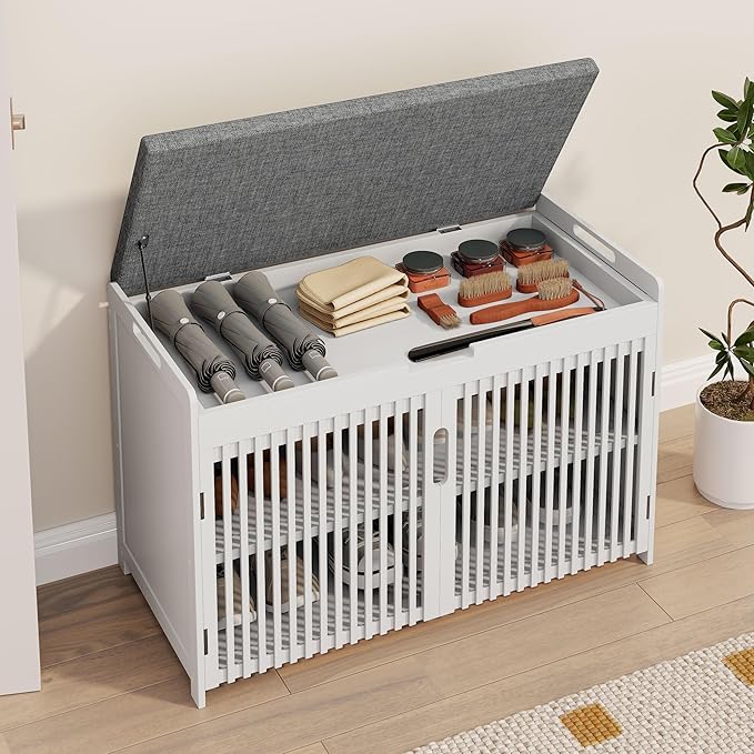 WISUCART Shoe Storage Bench with Cushion Seat, Bamboo Entryway Shoe Rack Bench, 2-Tier Shoe Organizer for Entryway, Bedroom, Hallway, Living Room, Holds Up to 330 lbs, White