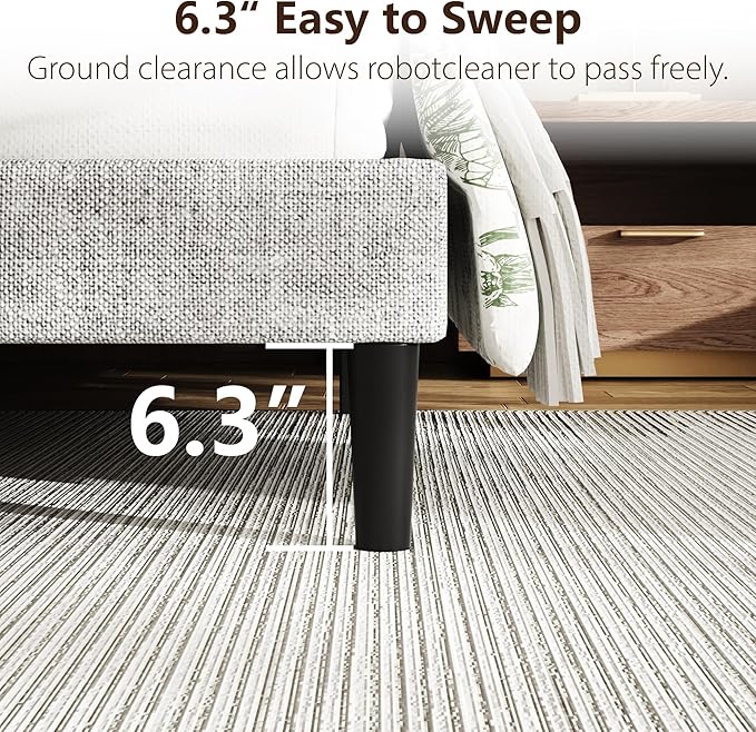Full Size Bed Frame with Linen Upholstered Platform Bed Frame, Wooden Slats Support, Noise-Free Mattress Foundation, No Box Spring Needed, Easy Assembly, Light Grey