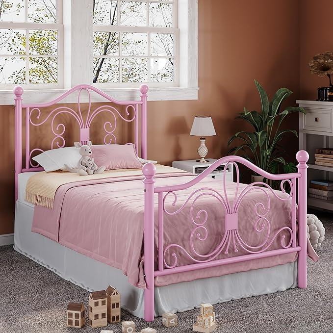 Allewie Twin Size Bed Frame with Headboard,Metal Bed Frame with Butterfly Pattern Design Headboard & Footboard,No Box Spring Needed,Easy Assembly,Pink