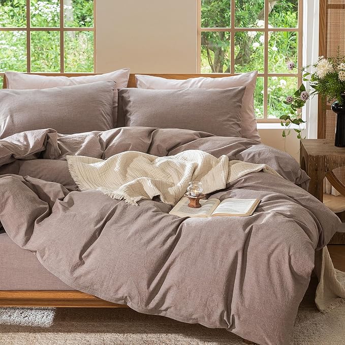 MooMee Bedding Duvet Cover Set 100% Washed Cotton Linen Like Textured Breathable Durable Soft Comfy (Heathered Mauve Brown, Queen 90"x90")