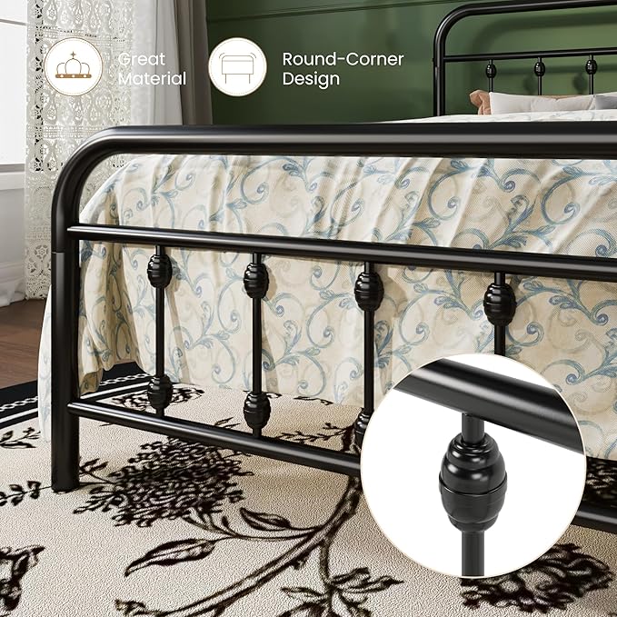 SHA CERLIN Full Size Metal Platform Bed Frame with Victorian Style Iron-Art Headboard and Footboard, Easy Assembly, Under Bed Storage, No Box Spring Required, Black