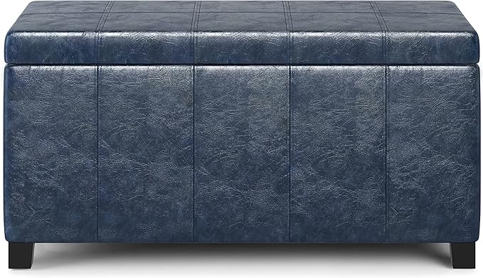 SIMPLIHOME Dover Storage Ottoman Bench - 36 inch Wide Upholstered Vegan Leather Rectangular Lift-Top Ottoman in Denim Blue, Contemporary Bench for Living Room with Safety Hinges