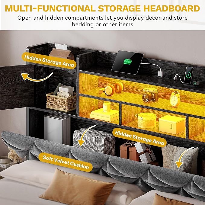 DWVO Queen Size Bed Frame with RGB LED Lights & Storage Bookcase Headboard, Upholstered Bed with Charging Station and 4 Drawers, No Box Spring Needed, Easy Assembly, Noise-Free, Velvet Grey