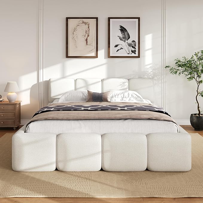 Merax Queen Size Boucle Platform Bed with Thick Headboard and Footboard, Block Style Upholstery Grounded Bed Frame, White