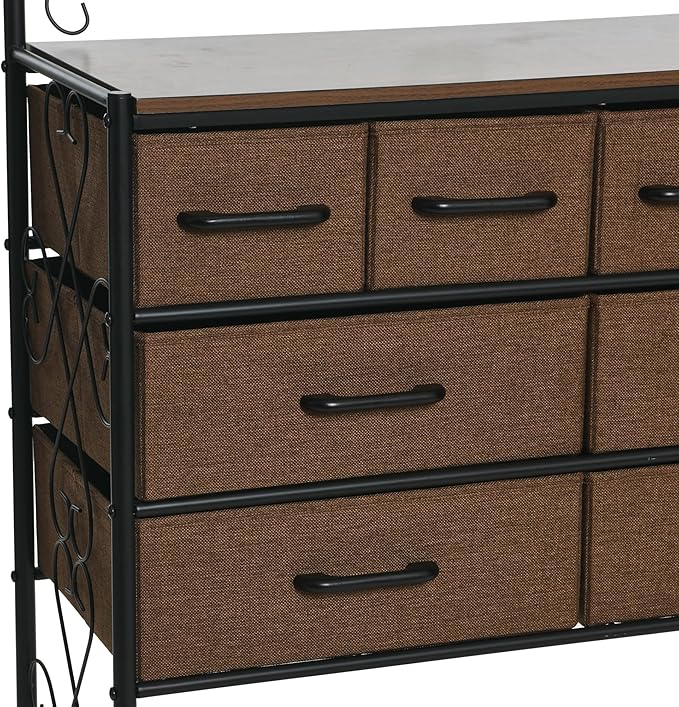 Household Essentials Walnut Iron 8-Drawer Sideboard with Mid-Century Detailing
