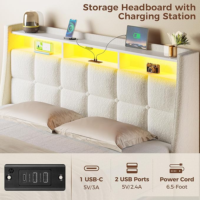 Rolanstar Queen Size Bed Frame with LED Lights and Charging Station, Upholstered Bed Storage Headboard & Drawers, Heavy Duty Wood Slats, Easy Assembly, White