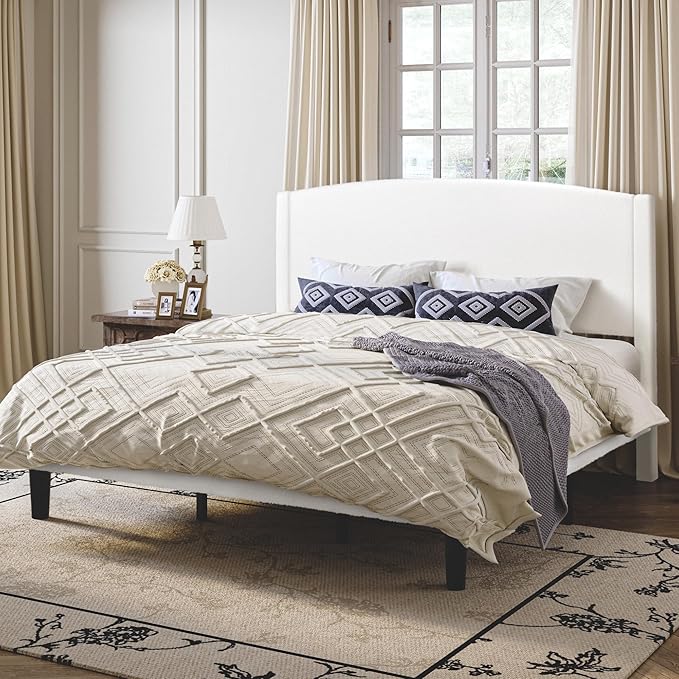 SHA CERLIN King Size Bed Frame with Soft Teddy Fabric, Boucle Upholstered Platform Bed, Curved Headboard Design, Wooden Slats Support, Noise-Free, No Box Spring Needed, Easy Assembly, White