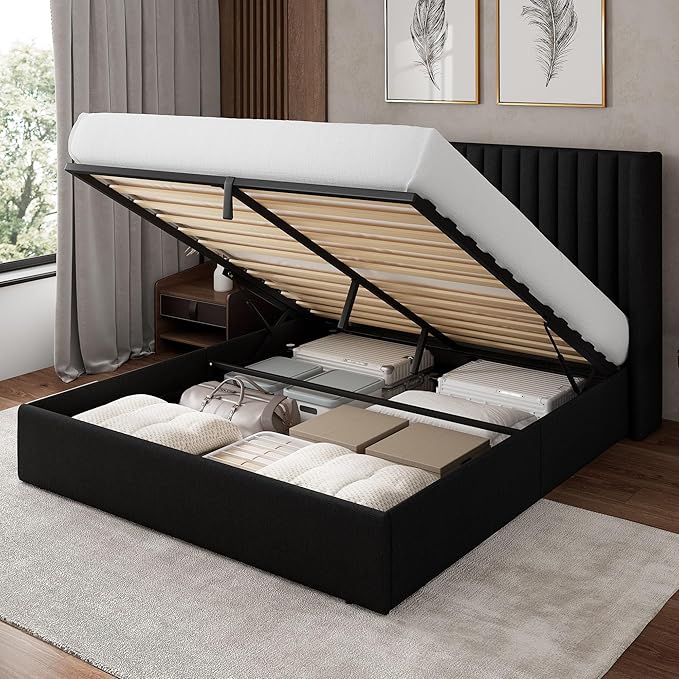 Feonase Queen Size Lift Up Storage Bed Frame, Linen Upholstered Platform Bed with Wingback Headboard, Hydraulic Storage, No Box Spring Needed, Black