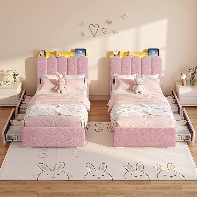 LIKIMIO Twin Bed Frame with 2 DIY Storage Drawers, Bouclé Headboard with Charging Station and LED Lights, Sturdy and Stable, No Box Spring Required, Easy Assembly, Pink
