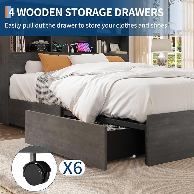 IDEALHOUSE King Bed Frame with Storage Headboard, Wooden Bed Frame with Charging Station, Storage Bookcase & King Size Platform Bed with 4 Drawers, No Box Spring Needed, Noise-Free,Ink