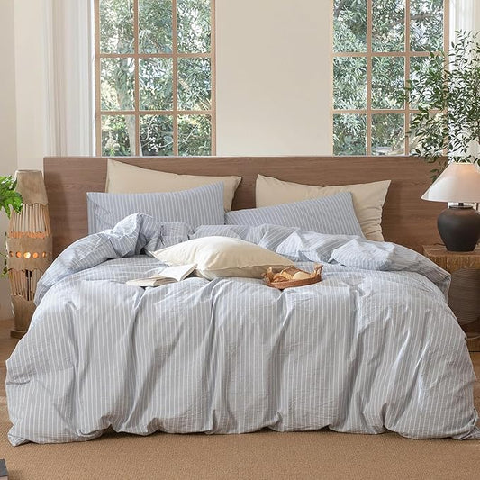 MooMee Striped Duvet Cover Set 100% Washed Cotton Linen Like Textured Breathable Durable Soft Comfy (Cornflower Blue White Wide Stripes, Oversized Queen 98"x98")
