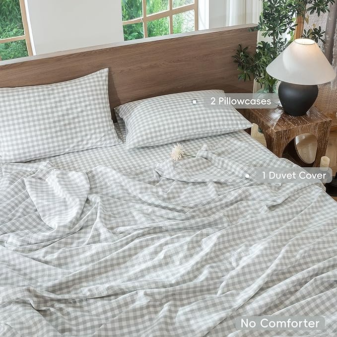 MooMee Gingham Duvet Cover Set 100% Washed Cotton Linen Like Textured Breathable Durable Soft Comfy Modern Checkered Design (Northern Droplet Grey Gingham, Full 80"x90")