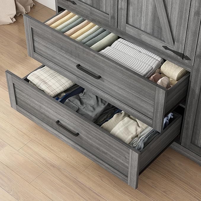 Hlivelood 3 Doors Wardrobe Armoire Closet with Doors and Drawers, Farmhouse Wooden Armoire Storage Cabinet with Shelves & Hanging Rod for Bedroom, Grey