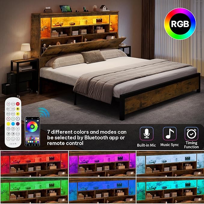 DWVO Queen Size Bed Frame with Storage Bookcase Headboard & RGB LED Lights, Slide Out Bedside Storage, Charging Station, Heavy Duty Metal Slats, No Box Spring Needed, Noise-Free, Rustic Brown