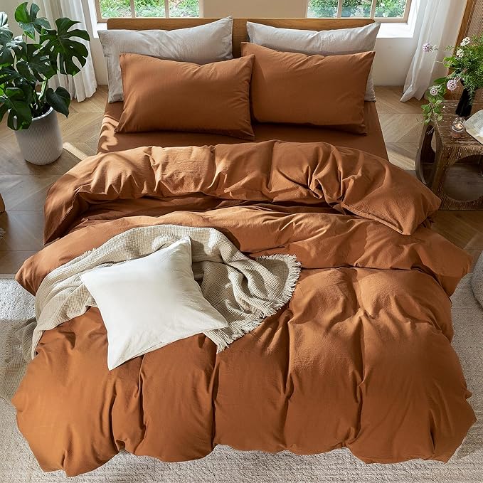 MooMee Bedding Duvet Cover Set 100% Washed Cotton Linen Like Textured Breathable Durable Soft Comfy (Solid Dark Orange, Super King Plus 120"x120")