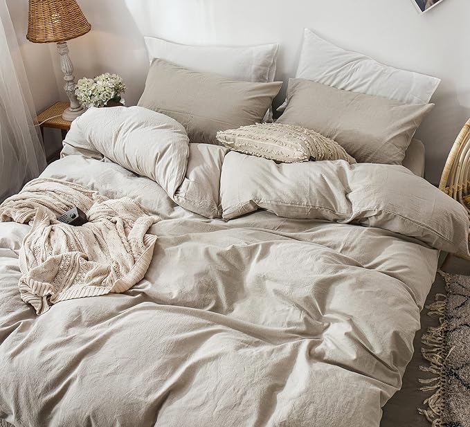 MooMee Bedding Duvet Cover Set 100% Washed Cotton Linen Like Textured Breathable Durable Soft Comfy (Heathered Tannish Linen Grey, Palatial King/Oversized King 120"x98")
