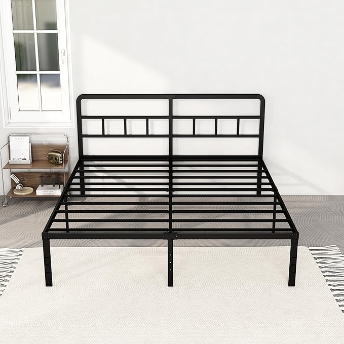 DiaOutro King Size Bed Frame with Headboard, 18 Inch Metal Platform No Box Spring Needed Heavy Duty Steel Slat Mattress Foundation/Easy Assembly/Noise Free/Black