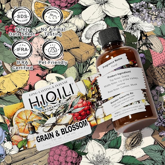 HIQILI Grain & Blossom Fragrance Oil for Diffuser, Candle, Solid Perfume Making, Fresh Floral Scents, Body & Skin Care - 1 Fl Oz