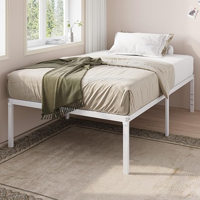 Allewie Twin Bed Frame, 18 Inch Metal Platform Beds with Storage Space, No Box Spring Needed and Easy Assembly, White