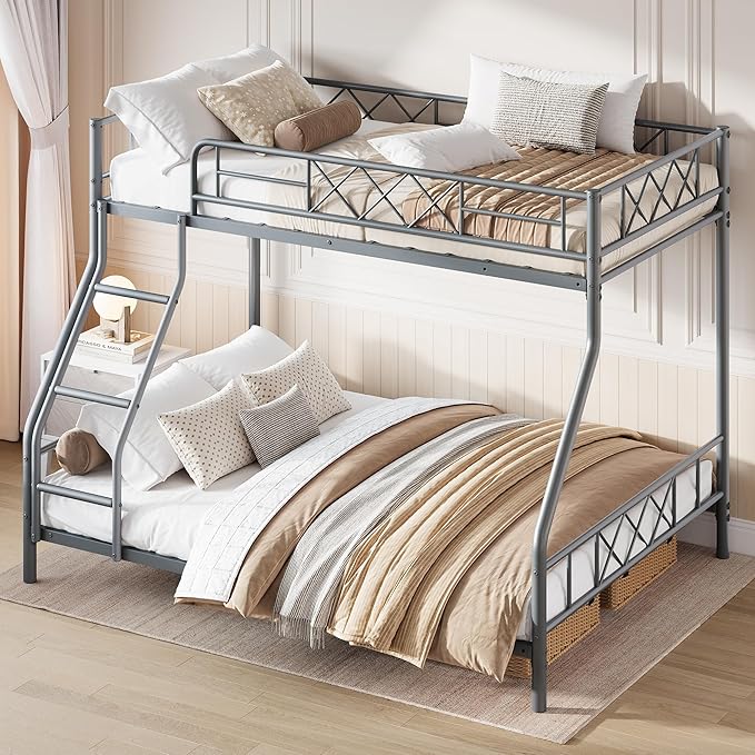 Garvee Twin Over Full Metal Bunk Bed, Heavy Duty & Sturdy Construction for Quiet Use, Includes Ladder & Guardrails, No Box Spring, Space Saver, Gray