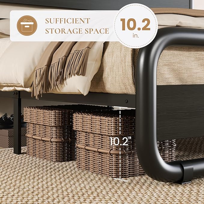 SHA CERLIN Full Size Metal Bed Frame with Wooden Headboard and Footboard, Heavy Duty Oval-Shaped Platform Bed Frame with 10" Under-Bed Storage, Noise Free, No Box Spring Needed, Black