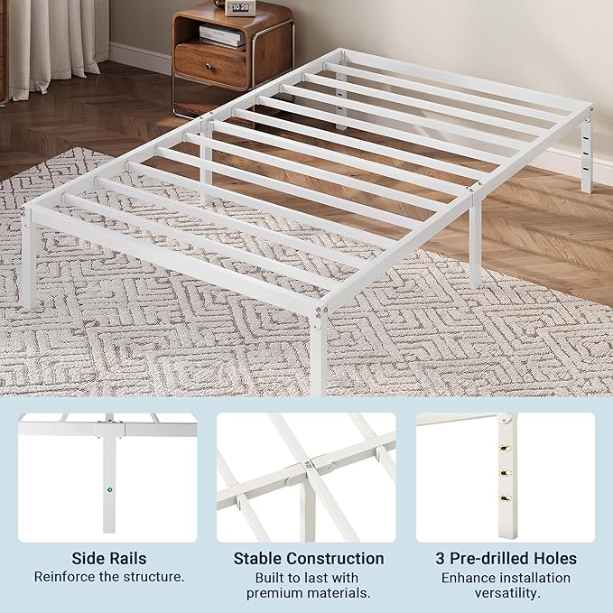 Allewie Twin Bed Frame, 12 Inch Metal Platform Beds with Storage Space, No Box Spring Required and Easy Assembly, White