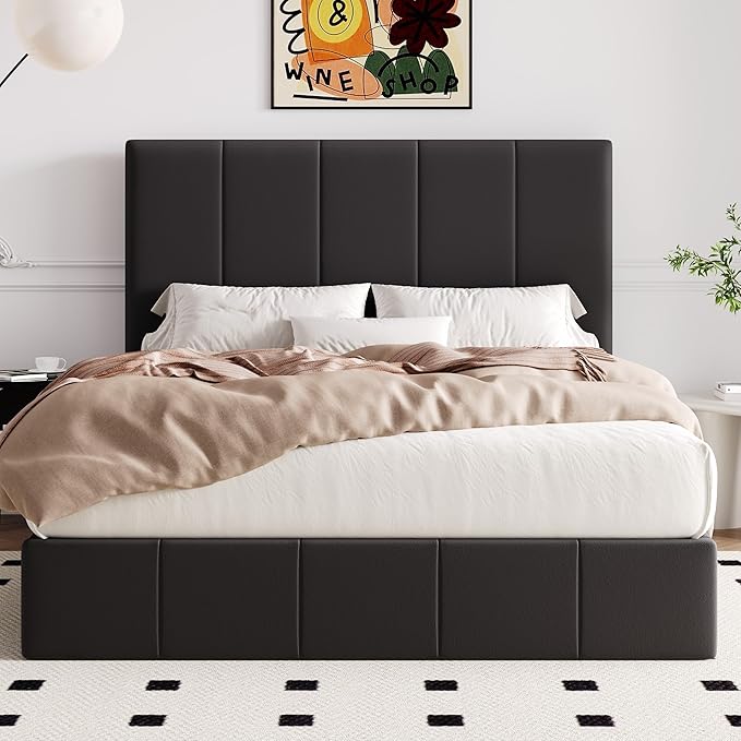 Allewie Full Size Velvet Lift Up Storage Bed Frame, Vertical Channel Tufted Headboard, Hydrualic Underneath Storage, Upholstered Platform Bed, Wooden Slats Support, No Box Spring Needed, Black