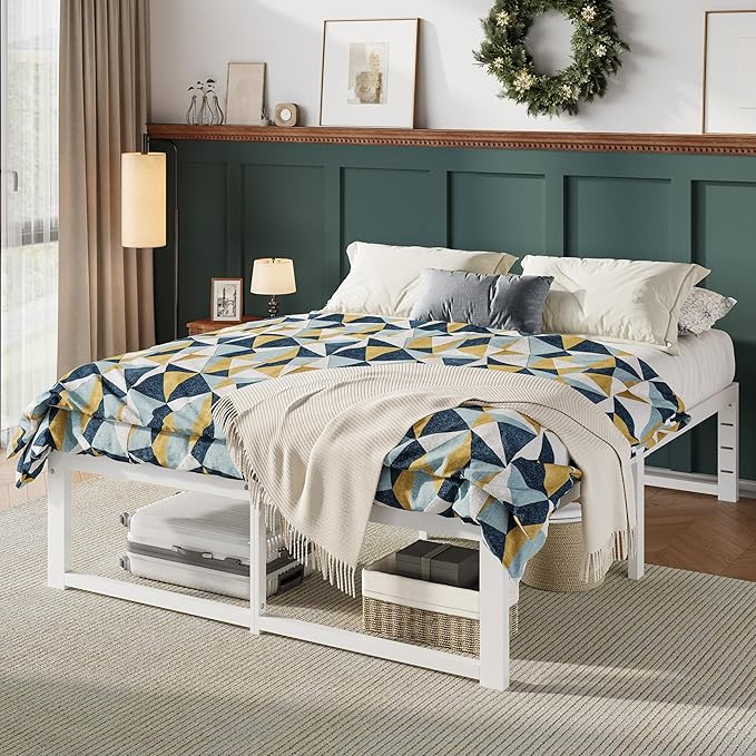 Allewie Full Size Bed Frame, 14 Inch Metal Platform Bed Frame with 4000LBS Heavy Duty Steel Slats Support, Noise Free, Easy Assembly, No Box Spring Needed, White