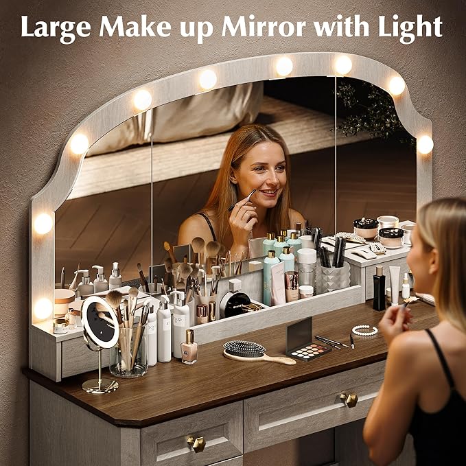 Farmhouse Makeup Vanity Desk with Mirror and Lights, 47'' Vanity Table with 8 Storage Drawers 1 Cabinet & 2 Organizer Trays, Large Dressing Table with Charging for Bedroom Rustic White