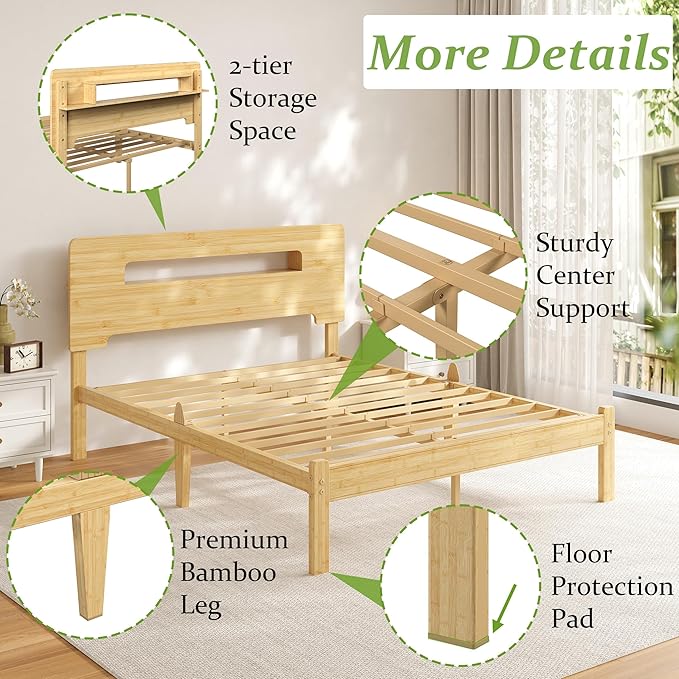 ZIYOO Solid Bamboo Wood Queen Bed Frame with Storage Headboard, 12 inch Platform Bed Frame Queen No Box Spring Needed with Steel Slats, Sturdy and Stable, Easy Assembly, Noise Free