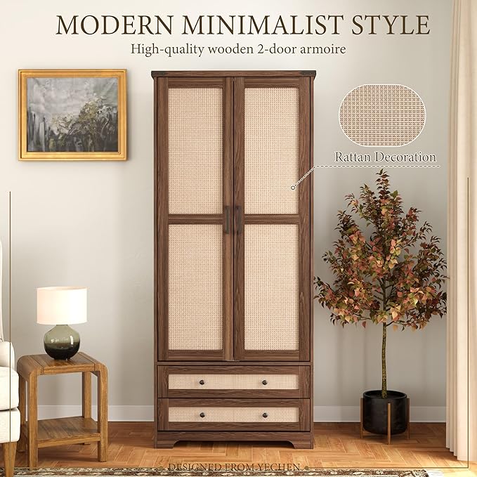 Yechen 71" Wooden Armoire Wardrobe Closet - Modern Functional Clothes Tall Storage Cabinet with Adjustable Shelf and Hanging Rail, Sturdy Freestanding Closet Wardrobe with 2 Wide Drawers for Bedroom