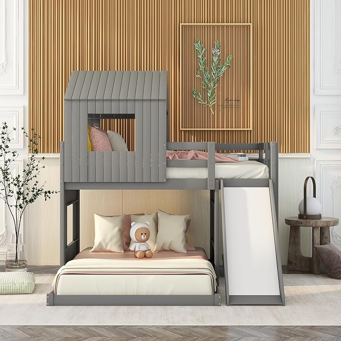 Harper & Bright Designs Twin Over Full House Bunk Bed with Slide, Solid Wood Floor Bed with Ladder, Windows & Roof, Fun Cottage Beds for Kids Teens Girls Boys – Gray