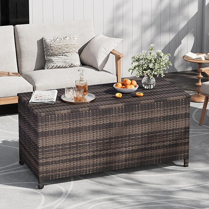 185 Gallon Outdoor Wicker Deck Box, All-Weather Waterproof Patio Storage with PE Rattan Finish & Steel Frame, for Cushions, Garden Tools, Pool Supplies, Lockable Brown Storage Box with Soft-Close Lid