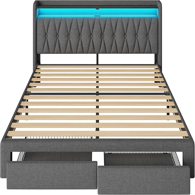 Rolanstar Queen Bed Frame with Drawers, Storage Headboard with Charging Station and LED Lights, Upholstered Bed with Heavy Duty Wood Slats, No Box Spring Needed, Noise Free, Easy Assembly, Dark Grey