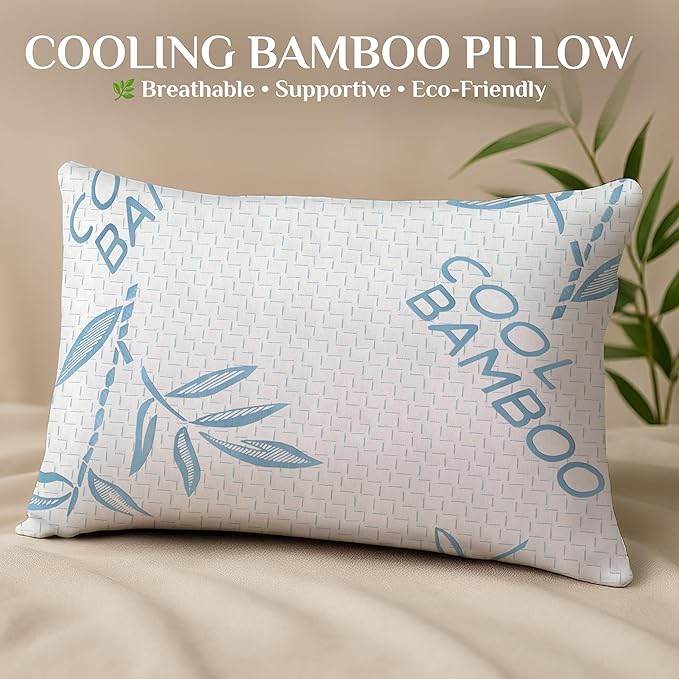 OMEO 2 Pack Bamboo Pillow Standard Size for Sleeping, Hypoallergenic Cooling Shredded Memory Foam Bed Pillows for Side, Back and Stomach Sleepers, Adjustable Loft and Washable Cover 20" x 26"