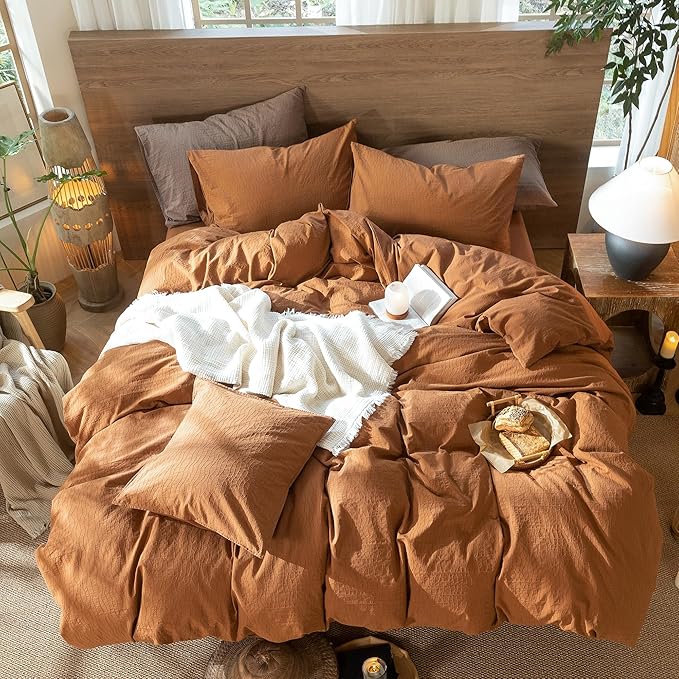 MooMee Wavy Striped Duvet Cover Set 100% Washed Cotton Linen Like Textured Breathable Durable Soft Comfy (Dark Orange, Super Queen 90"x98")